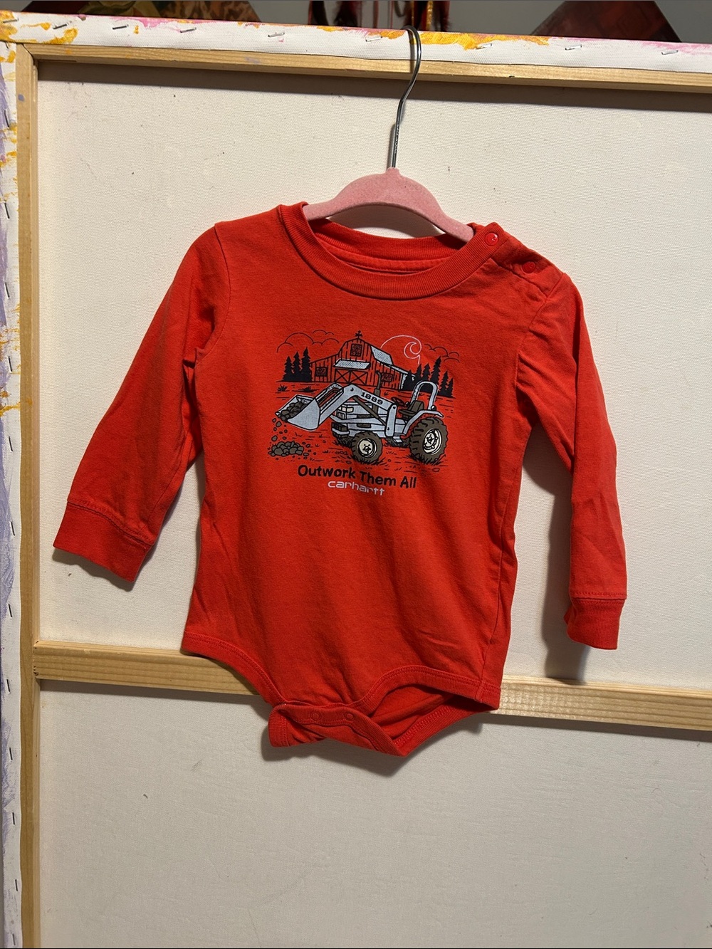Carhartt Red Long Sleeve Baby Bodysuit with Tractor Graphic